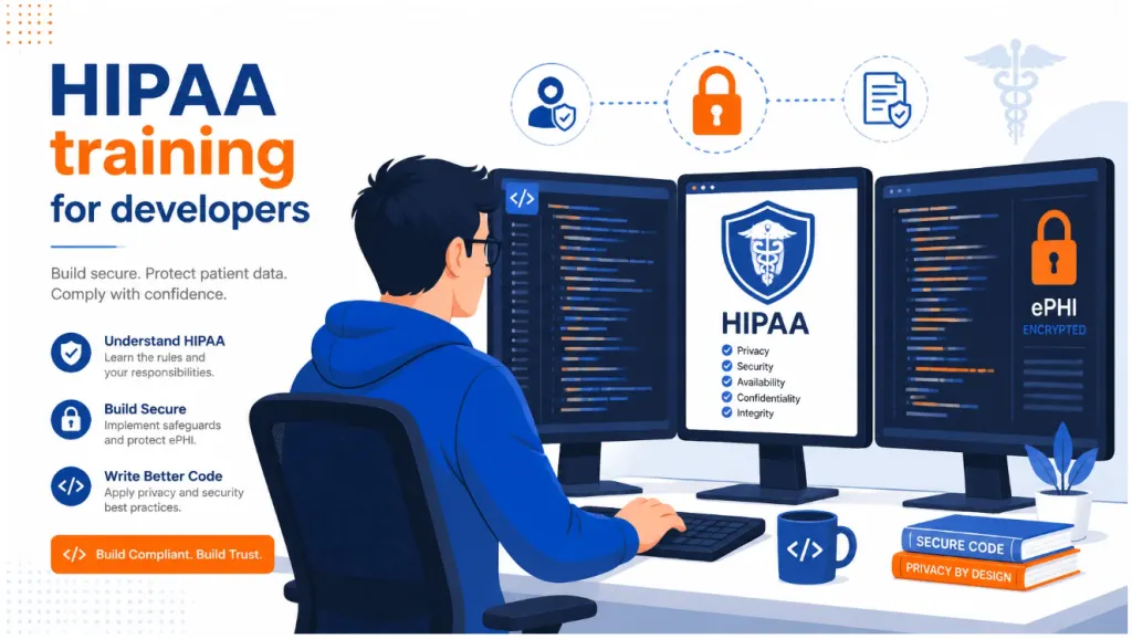 HIPAA training for developers hero - Check N Click Learning and Technologies Pvt. Ltd. Developer at a three-monitor setup coding for HIPAA training, emphasizing privacy and data security concepts.